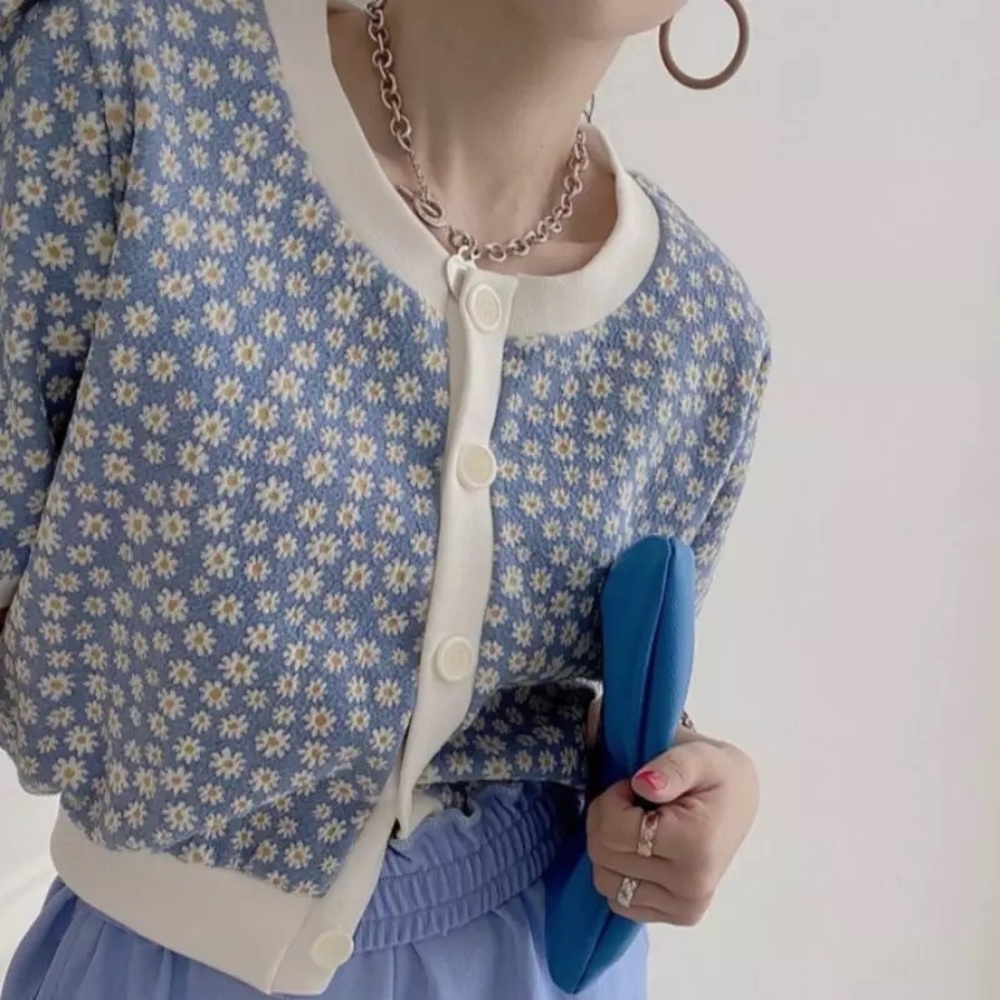 Daisy floral cardigan top blouse shirt blue flower blue cropped - Picture 2 of 2